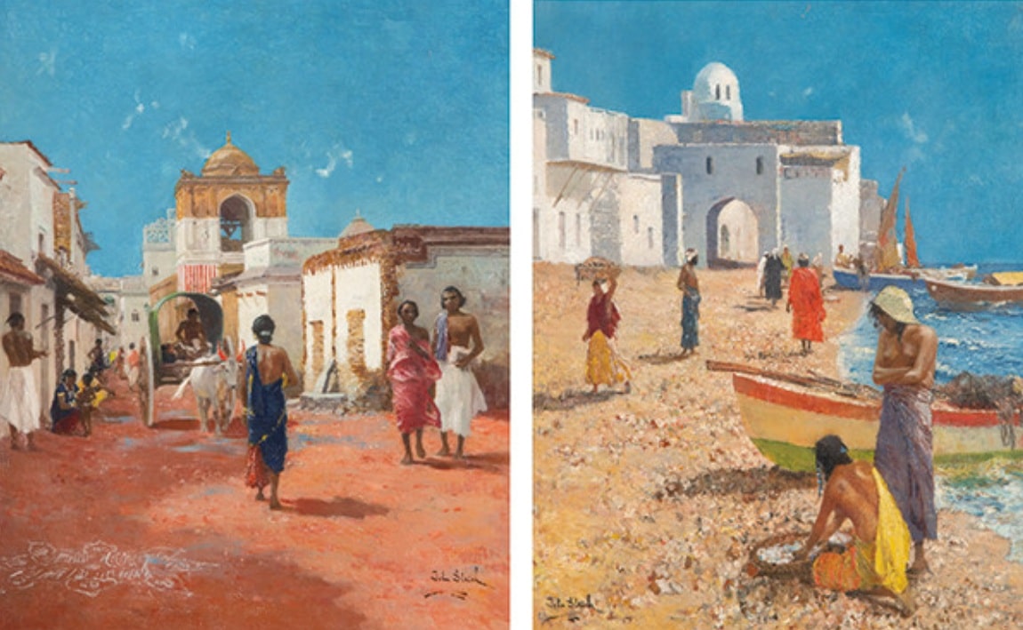 John Gleich, Pareja de escenas con Madurai, Tamil Nadu, sur de la India y pueblo costero del norte de África. Subastas Segre. Salida: 6.000 euros. Remate: 15.000 euros