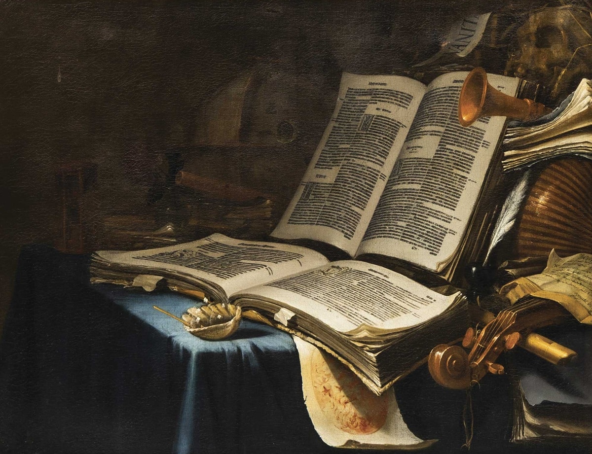 Vicent Laurensz van der Vinne, Bodegón de vanitas con un globo terráqueo, un reloj de arena, una rosa, instrumentos musicales, papeles y libros en una mesa. Abalarte Subastas. Salida y remate: 45.000 euros