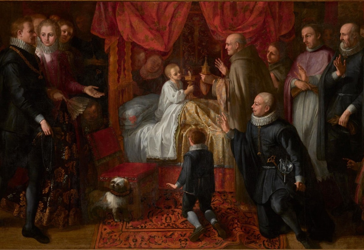 Escuela madrileña, segunda mitad del siglo XVII, Presentación de la reliquia de san Pedro Regalado a Felipe IV niño enfermo en Aranda de Duero. Ansorena Subastas. Salida y remate: 18.000 euros. Comprado por el Estado