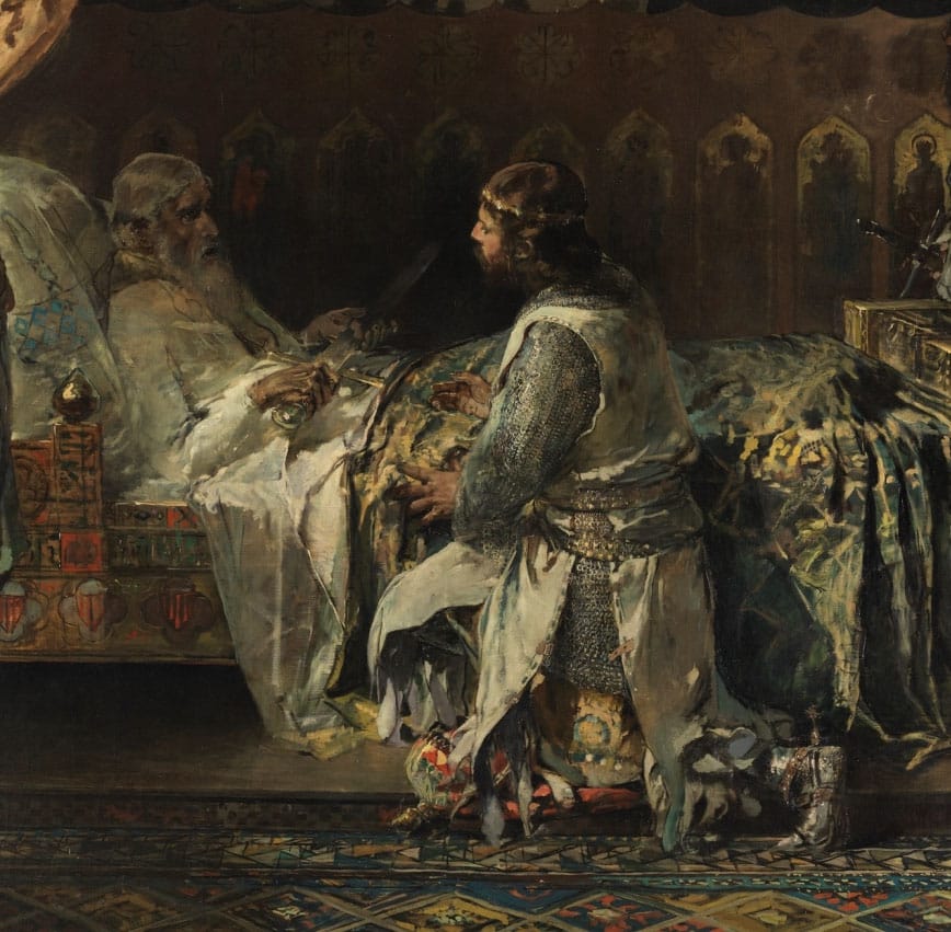 Pinazo Prado_Últimos momentos del rey Jaime el Conquistador detalle Jaime el Conquistador sale del Prado para celebrar su aniversario en Valencia